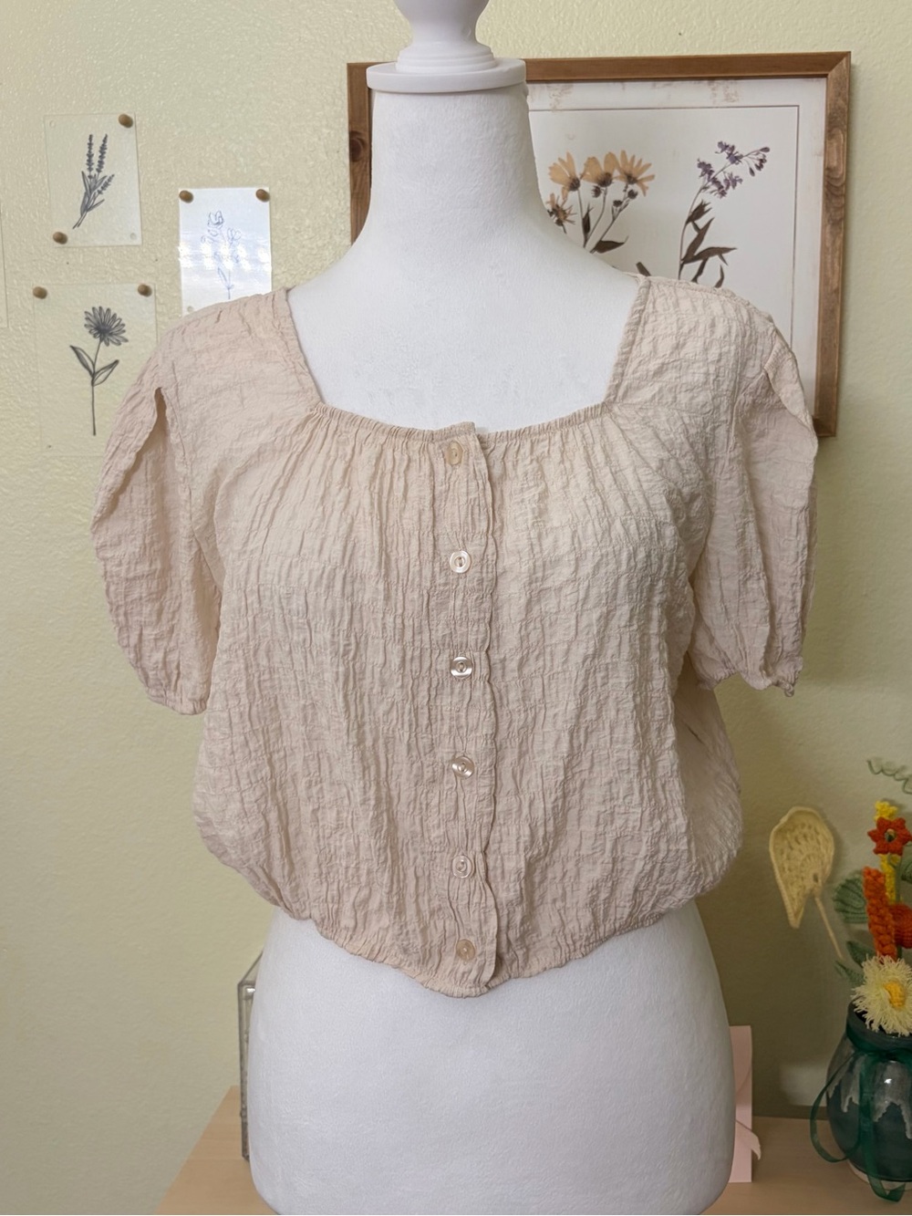 MIXXO Crinkle Puff Sleeve Button Front Crop Blouse Korean Cottagecore S